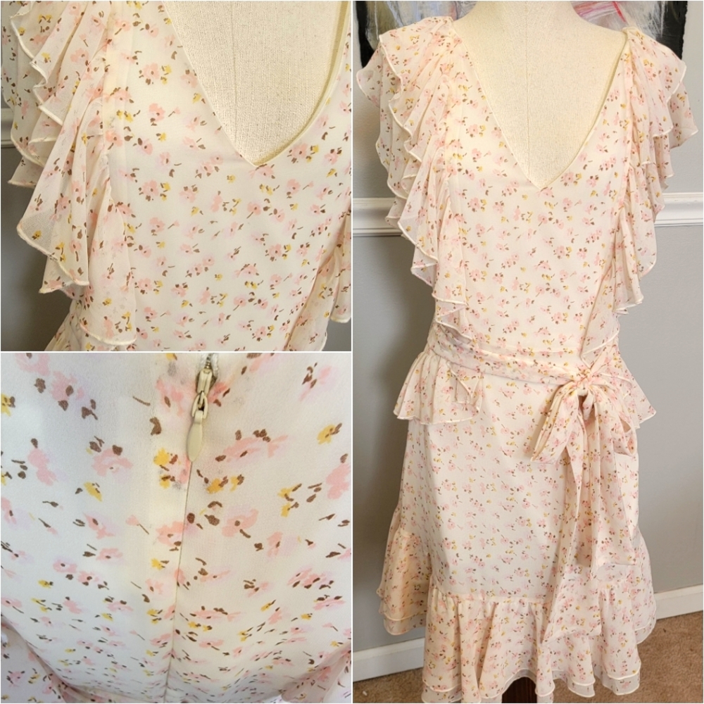 Floral Wayf dress. Sz med. Ruffle detail. Tie at waist. - Picture 1 of 6